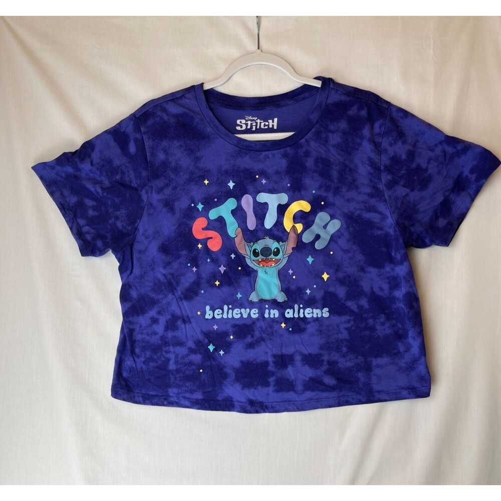 Disney Stitch 2X Tie Dye Graphic Believe in Aliens Crop Pullover Short Sleeve
